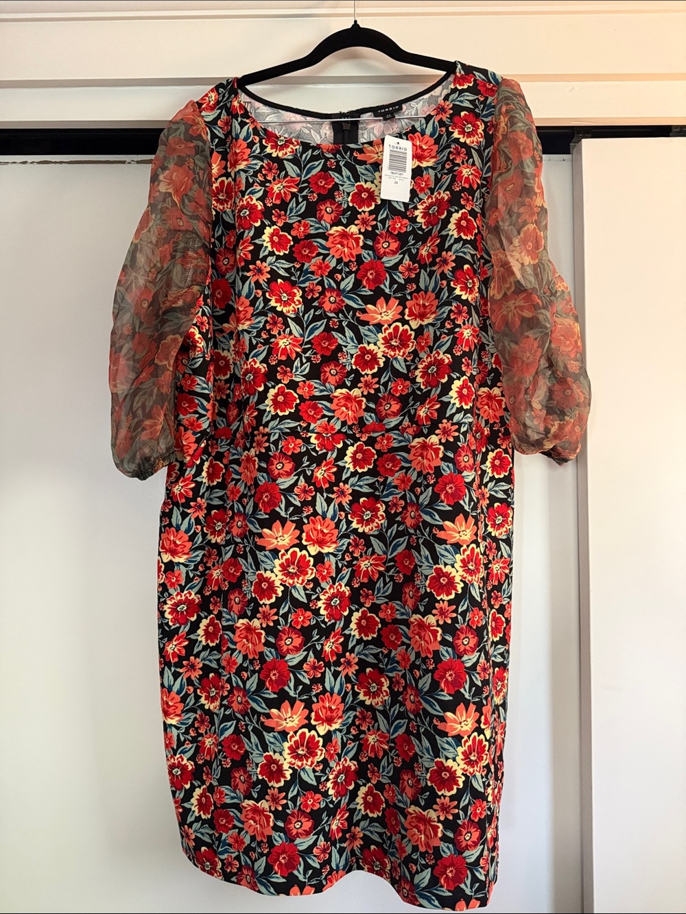 torrid Black Floral Puff-Sleeve Midi Dress with Red & Coral Blooms